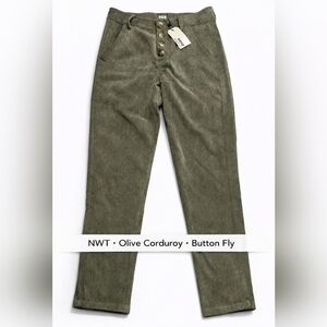 UNIQ Olive Corduroy Pants Button Fly High Rise Straight Leg Small - New With Tag